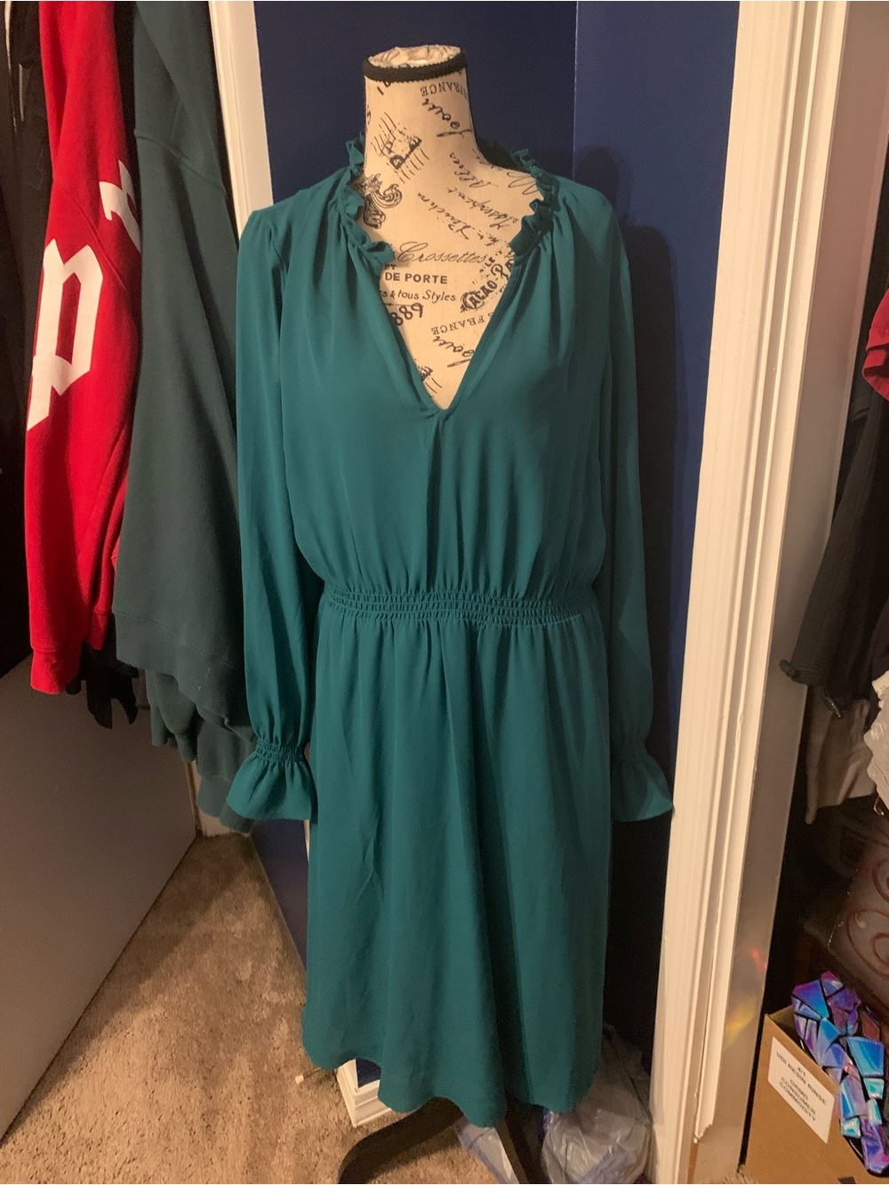 Modcloth Emerald Green Long Sleeve Ruffle Neck Dress